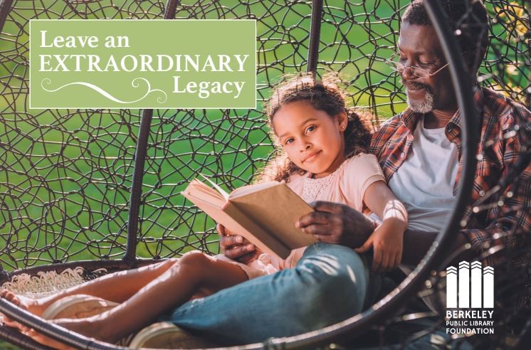 Older man sitting outside with young girl reading a book.