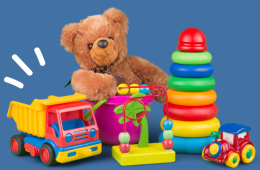 teddy bear, vehicles, and other toys