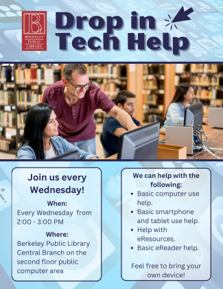 Flyer for drop in tech help with a photo of a man in a maroon shirt helping a woman in a blue shirt