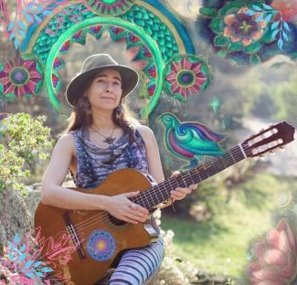 photo of Melita holding a guitar, wearing a hat and surrounded by drawn images of flowers and birds