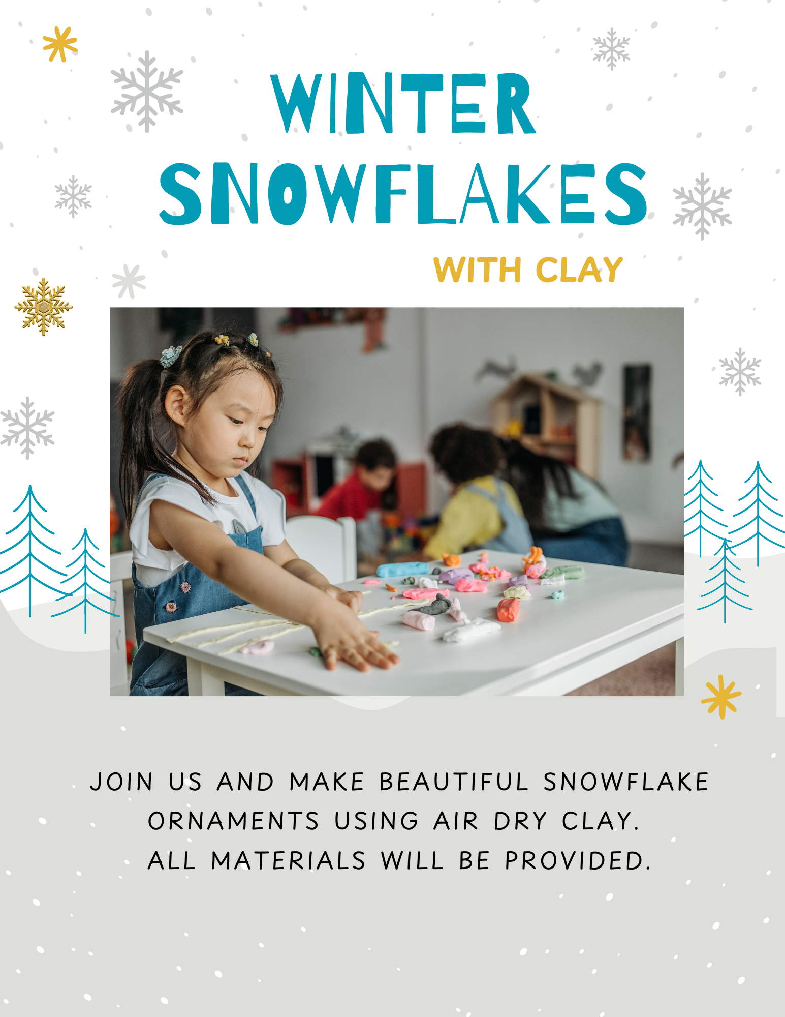 Young child working with clay and snowflakes in background