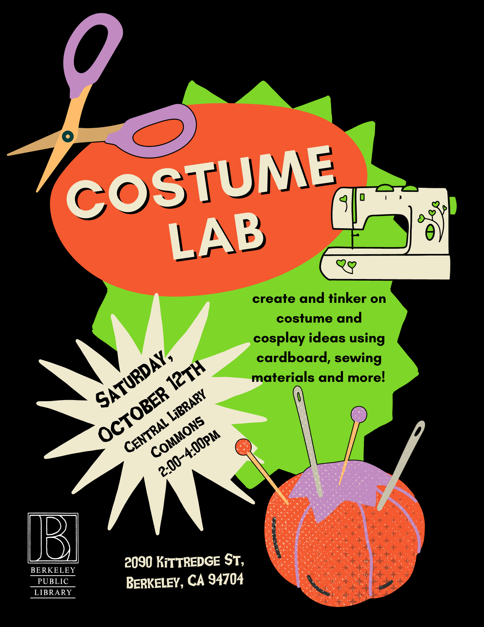 Costume Lab - orange, purple and green poster with scissors, sewing machines and notions describing the costume lab event