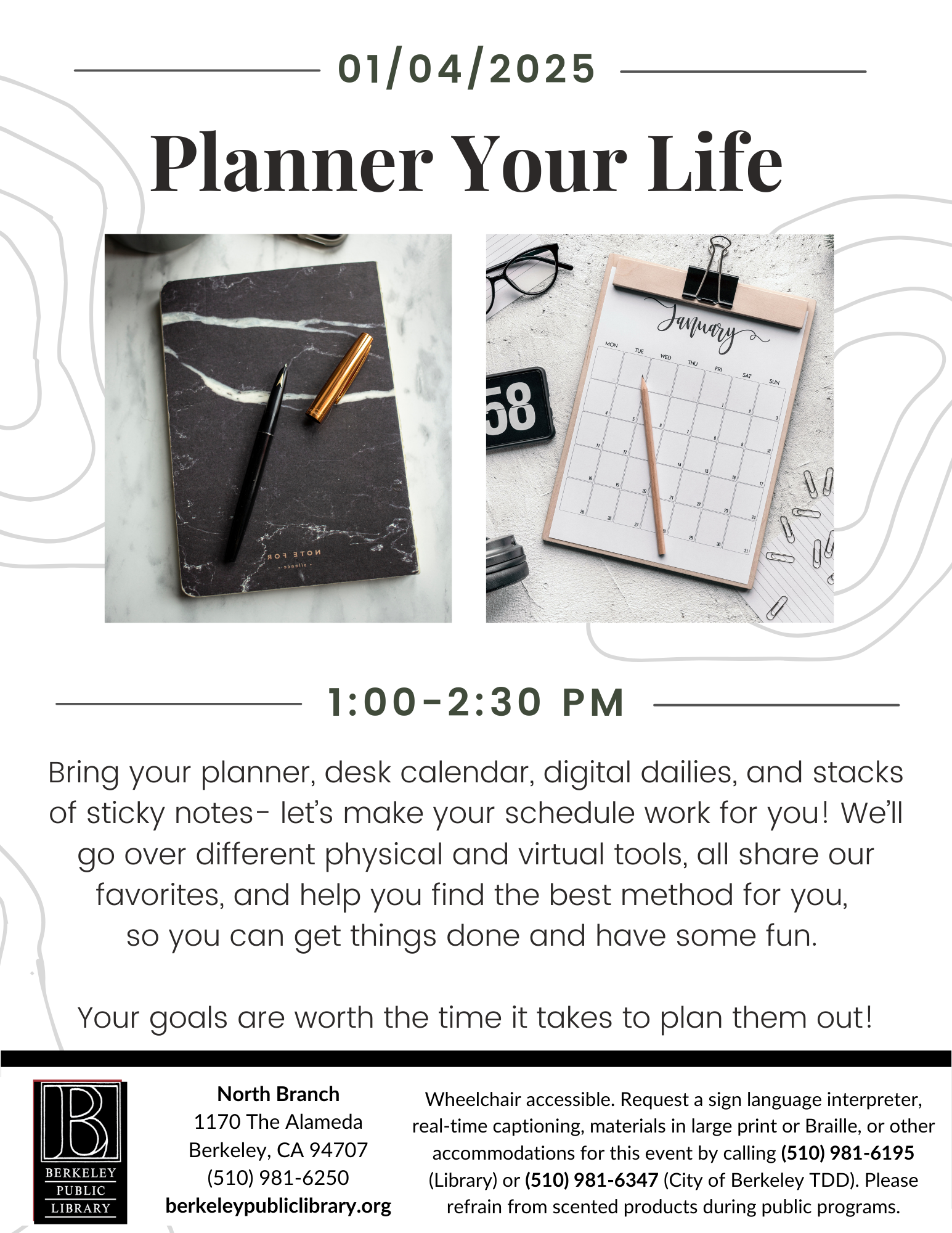 Planner Your Life flyer with a monthly calendar on the clipboard and a black marbled planner and pen.