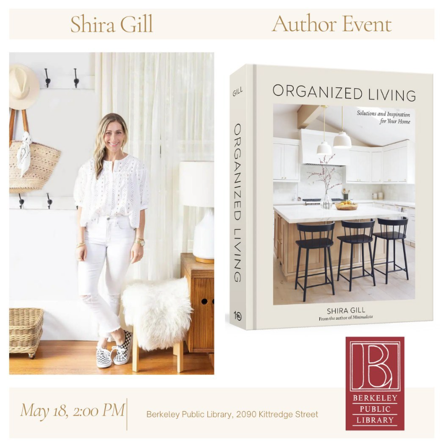 an image of the author dressed in white leaning against the wall in an all white space. Shira Gill's book, Organized Living, is also featured in the image.  