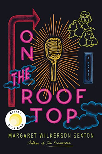 On the Rooftops Book cover featuring a microphone, neon lettering and line art people.