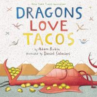 Illustrated dragon lying down with a pile of tacos on his tummy and mouth