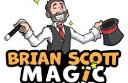 Cartoon image of Brian Scott winking and holding a magic hat and magic wand. The words Brian Scott Magic are below with a magic wand in place of the "I."