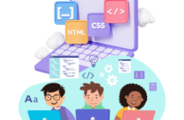 clip art of three kids at computers, and a big purple computer with coding symbols above their heads