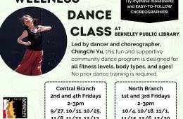 Flyer with text and a photo of a woman dancing happily