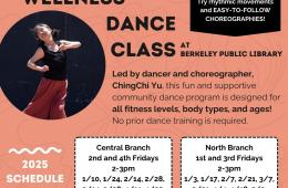 Flyer with text and a photo of a woman dancing happily