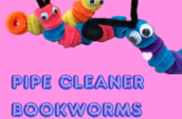 colorful pipe cleaner "worms" with googly eyes on bright pink background with the words "pipe cleaner bookworms" written below