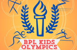 clip art collage of stick figures doing olympic events with a torch and olive branches in the center and the words BPL Kids Olympics underneath