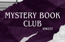 A purple image with tears and the title of the event, Mystery Bok Club at West