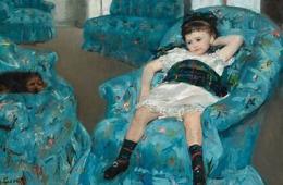 A painting by Mary Cassatt of a young girl lounging on a blue chair.