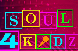 words "soul 4 kids" are written as if on kids' playing blocks. Set on a colorful background.