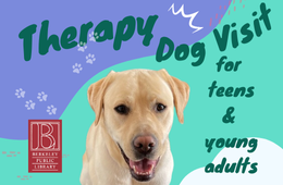 wavy periwinkle mint and white background, BPL logo, photo of yellow lab from chest up, dark green text: therapy dog visit for teens & young adults