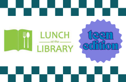 Lunch at the Library logo with book and fork and spoon