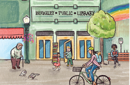 Drawing of Central library building with people outside