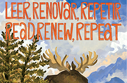 Forest sky above pine trees and moose antlers wiht words: Read Renew Repeat and Leer Renovar Repetir