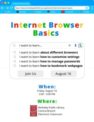 Flyer for internet Brower Basics.  Featuring a blue bar and a replicated search engine.