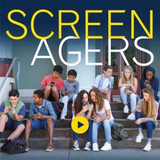 Ten teenagers sitting on the steps of a school looking at their phones with the word "Screenagers" written over their heads