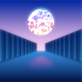 White orb floats above blue passageway on purple background