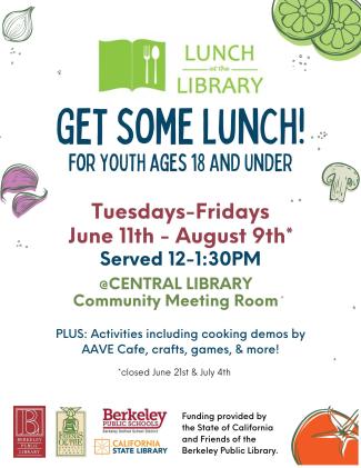 Lunch at the Library logo, text: get some lunch! for youths 18 and under (additional details listed same as content on this page).