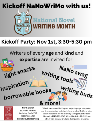 November 1st, 3:30-5:30 pm, ALL writers are invited to join us for a NaNoWriMo kickoff party!