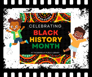 colorful illustration that says Celebrating Black History Month with a filmstrip background and clip art of two happy kids 