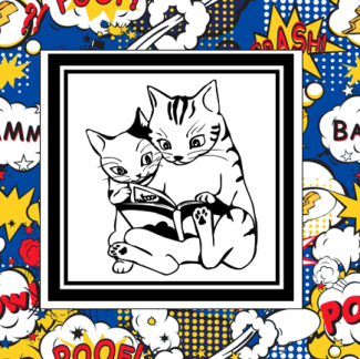 Anime style drawing of two cats reading on top of a red, blue, yellow and white background with comic book speech bubble callouts