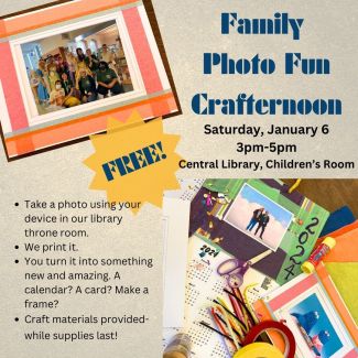 An image of craft supplies on a table and a photograph of librarians smiling in the library on beige flyer with blue and black text