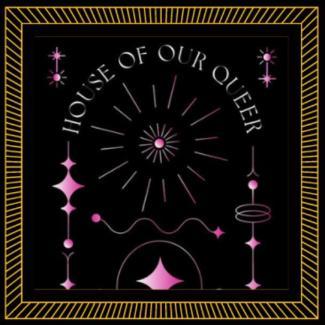 House of Our Queer logo, gold letters arranged in an arch on a black background, with pink, sun, waves, star and other shapes 