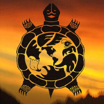 Berkeley Indigenous Peoples Day Pow Wow logo, a depiction of turtle island on a sunset sky background