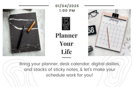 Planner Your Life flyer with a monthly calendar on the clipboard and a black marbled planner and pen.