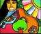 drawing of Mariela Herrera with a colorful flower, a guitar and a tree
