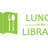 Lunch at the Library logo with book and fork and spoon